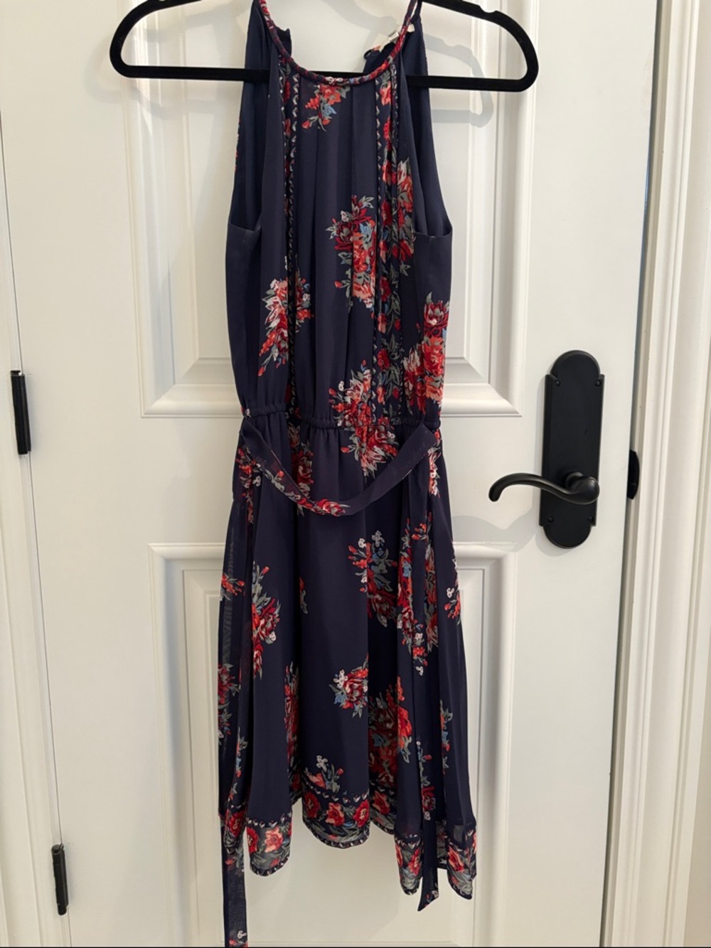 Joie Navy High-Low Halter Dress with Red Floral Print